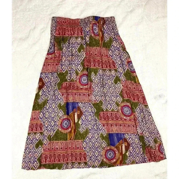 90's Black Island 2 PC Blouse Skirt Set Petite M Retro Pattern Elastic VTG - Picture 14 of 15